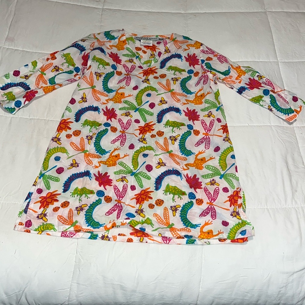 Gretchen Scott unisex midi  dress with insects and frogs size 10/12 EUC